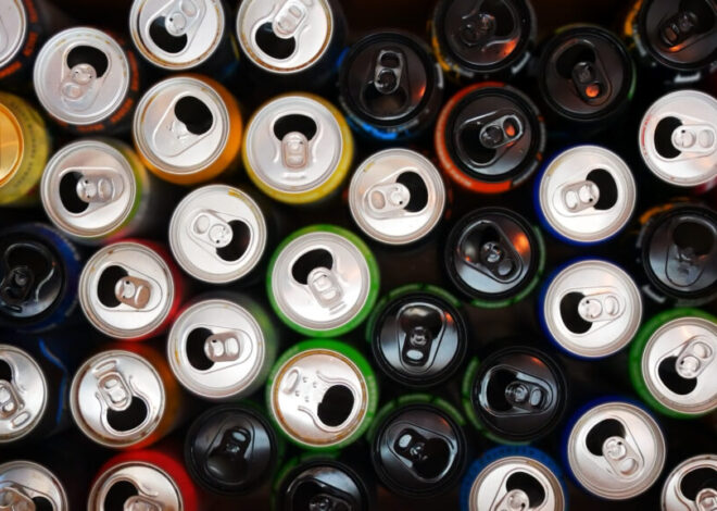 Many opened and drunk cans of different drinks