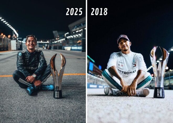 Russell recrea la clásica foto de Lewis Hamilton tras ganar el GP de Singapur Russell recrea la clásica foto de Lewis Hamilton tras ganar el GP de Singapur