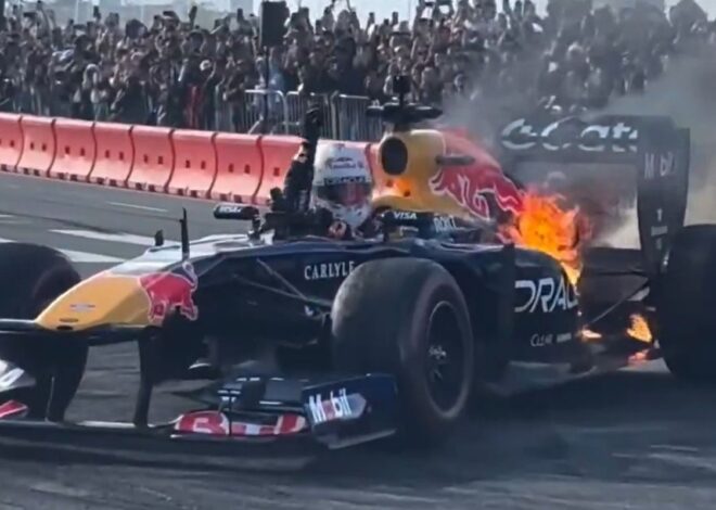 VIDEO: Tsunoda sufre un incendio en exhibición de Red Bull en San Francisco